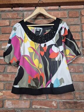 Nygard Petite Multicolor Floral Beaded Neck Blouse Top Size 12 Balloon Sleeve